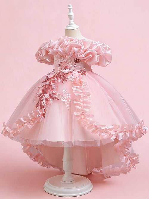 Girls High Low 3D Floral Princess Dress – Flower Girl Tulle Party Dress by Blisseven