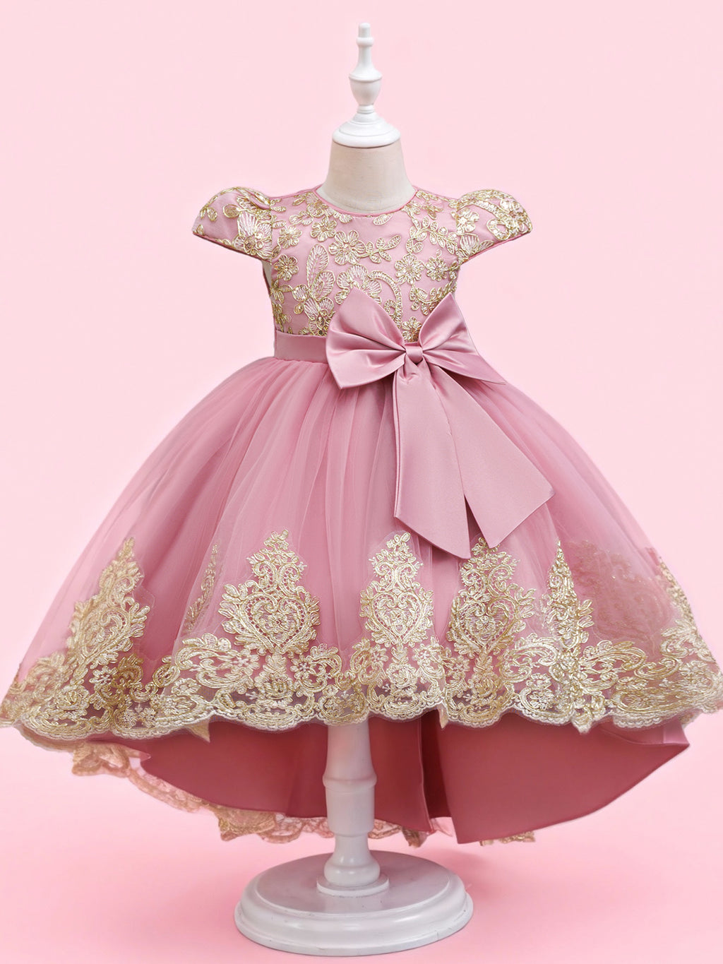 Girls High Low Gold Lace Princess Dress – Bow Flower Girl Party Dress by Blisseven