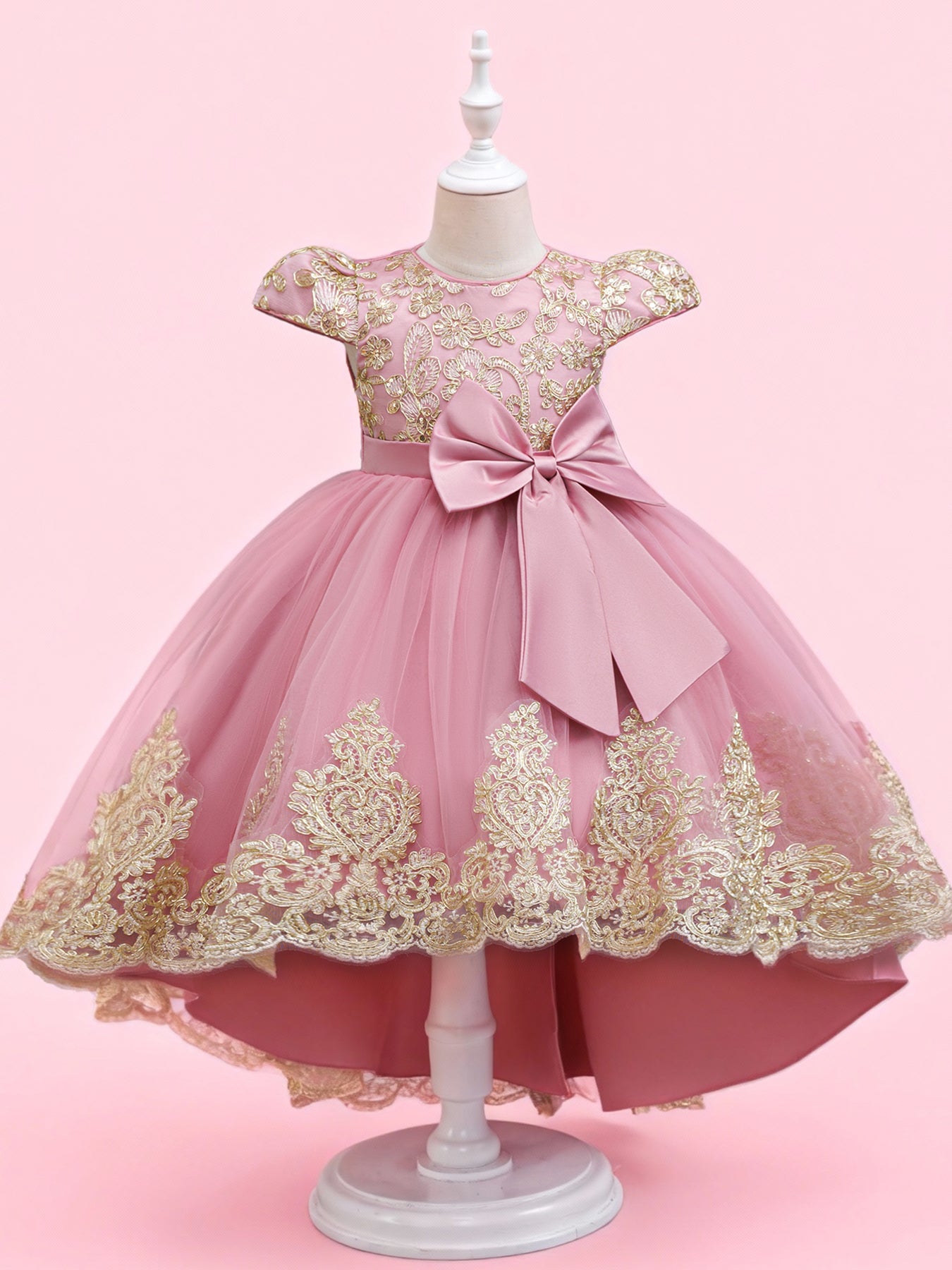 Girls High Low Gold Lace Princess Dress – Bow Flower Girl Party Dress by Blisseven
