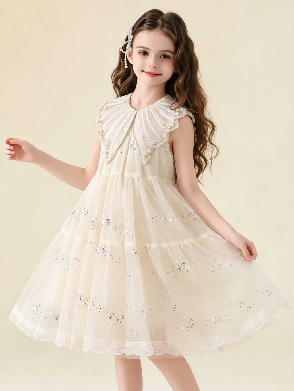 Girls Ivory Pearl Collar Tulle Dress – Elegant Flower Girl Party Dress by Blisseven