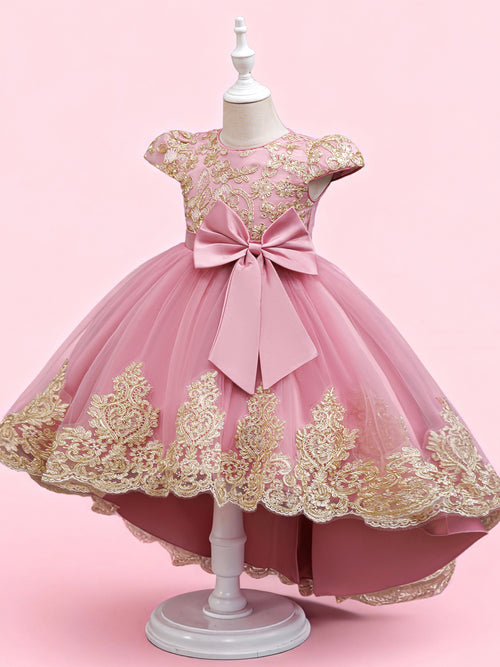 Girls High Low Gold Lace Princess Dress – Bow Flower Girl Party Dress by Blisseven