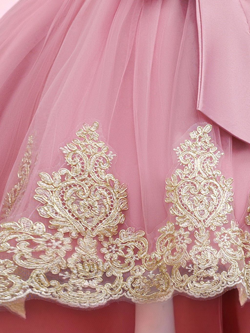 Girls High Low Gold Lace Princess Dress – Bow Flower Girl Party Dress by Blisseven