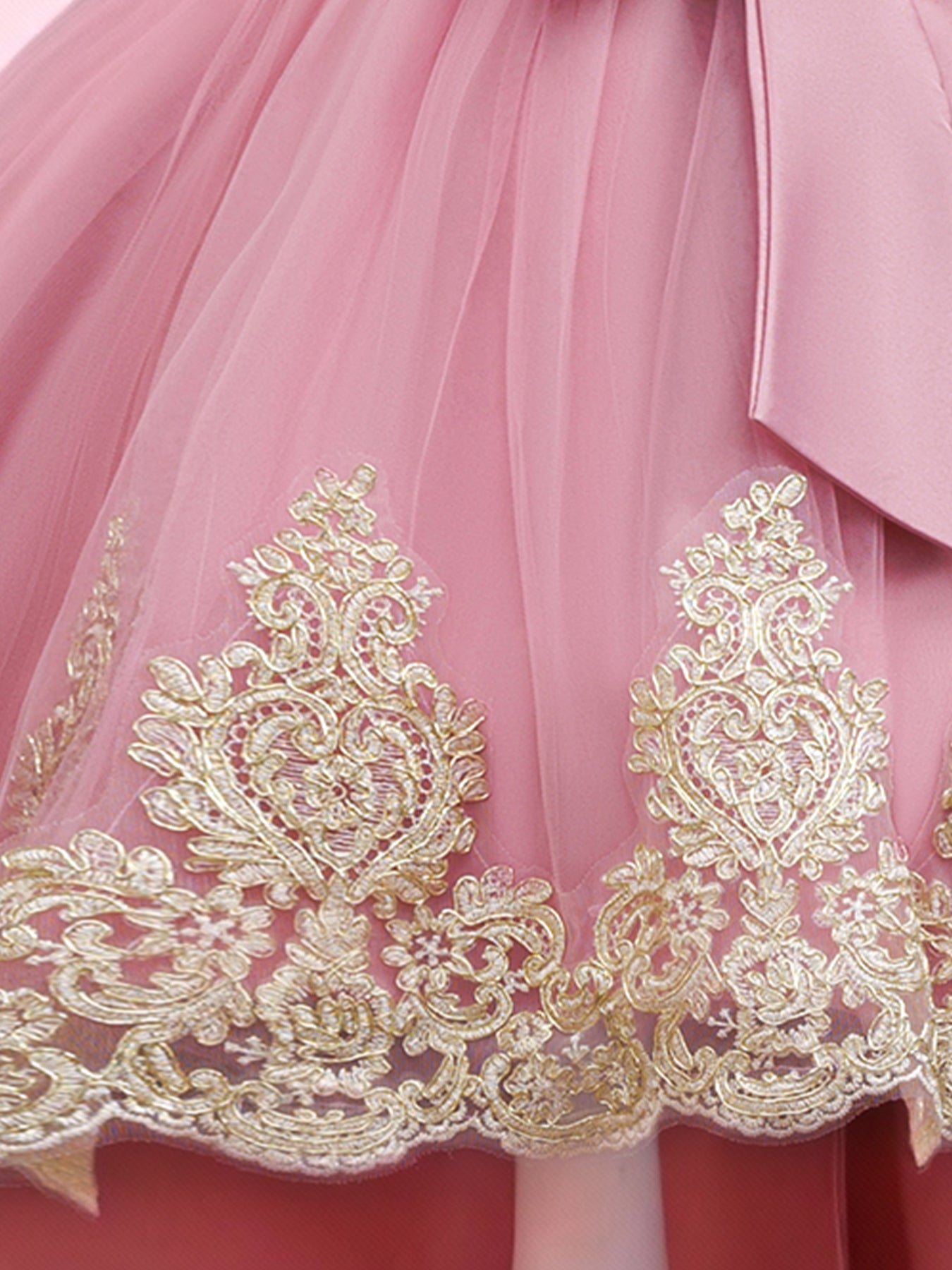 Girls High Low Gold Lace Princess Dress – Bow Flower Girl Party Dress by Blisseven