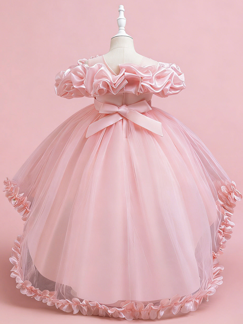 Blisseven blush pink girls high low princess dress back view with bow detail