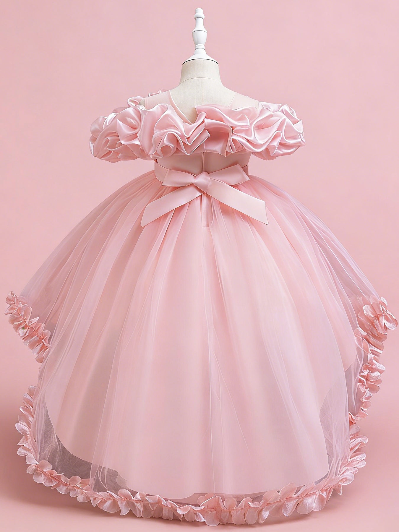 Blisseven blush pink girls high low princess dress back view with bow detail