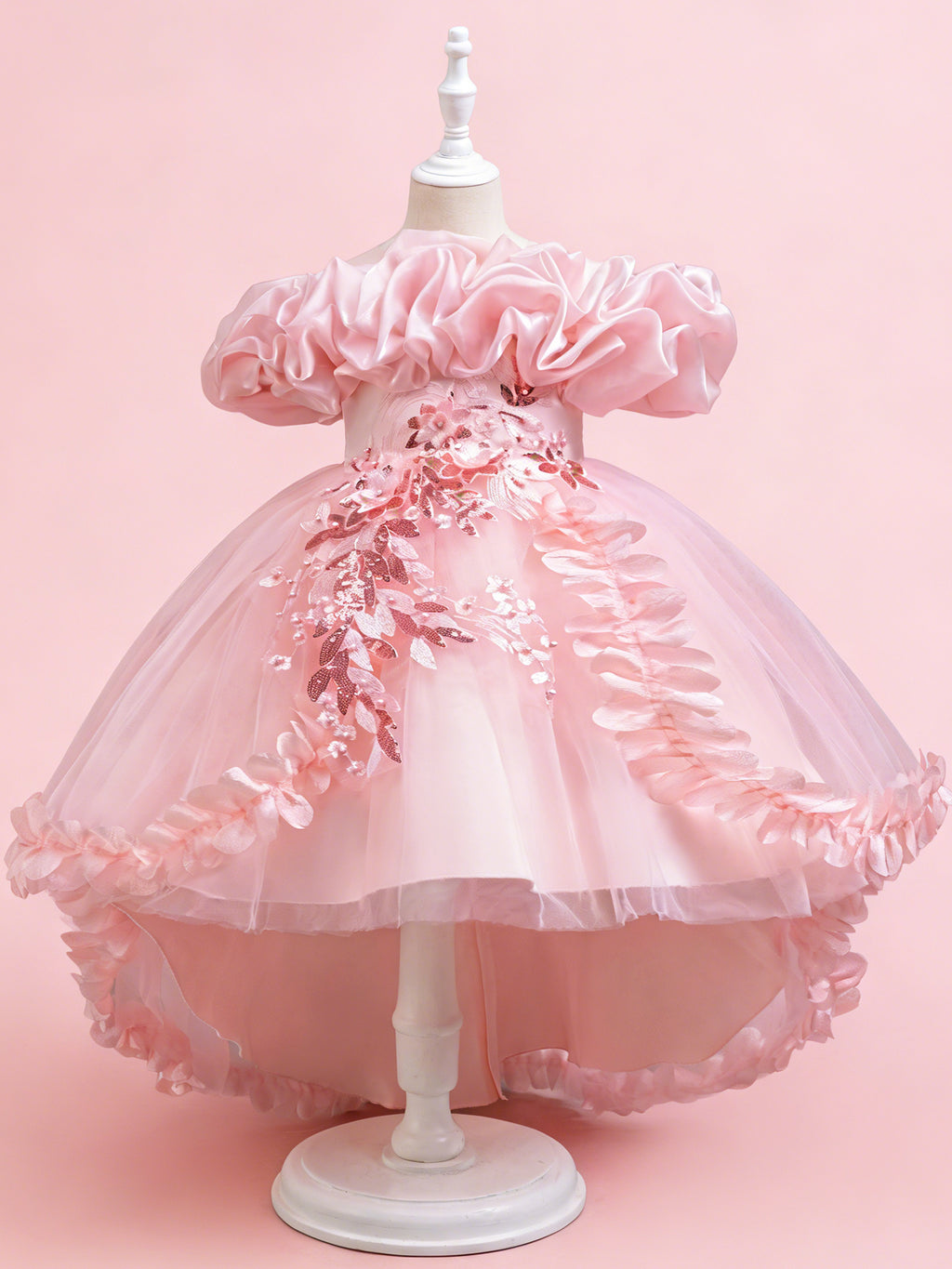 Blisseven blush pink girls high low 3D floral princess dress front view