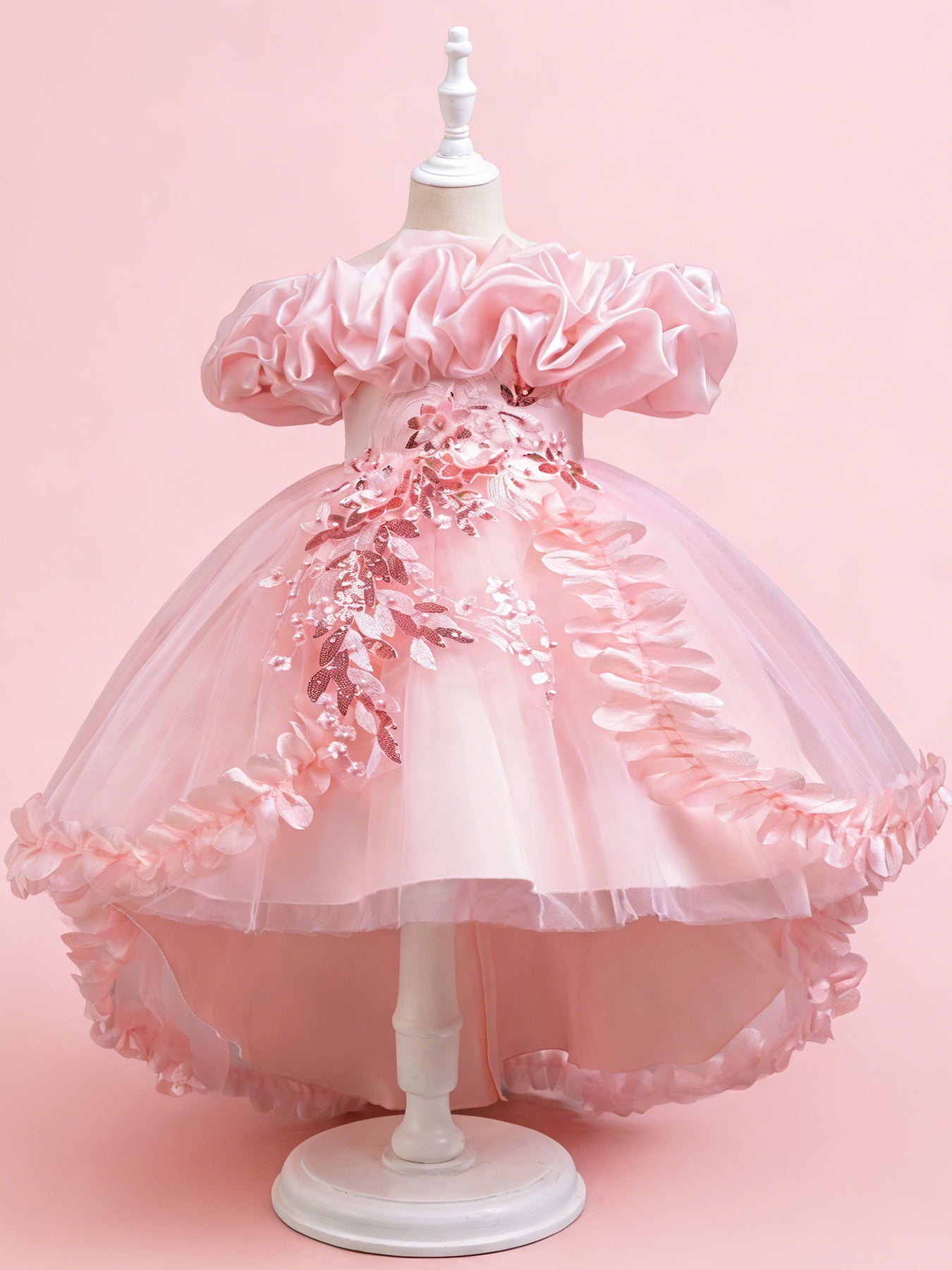 Blisseven blush pink girls high low 3D floral princess dress front view