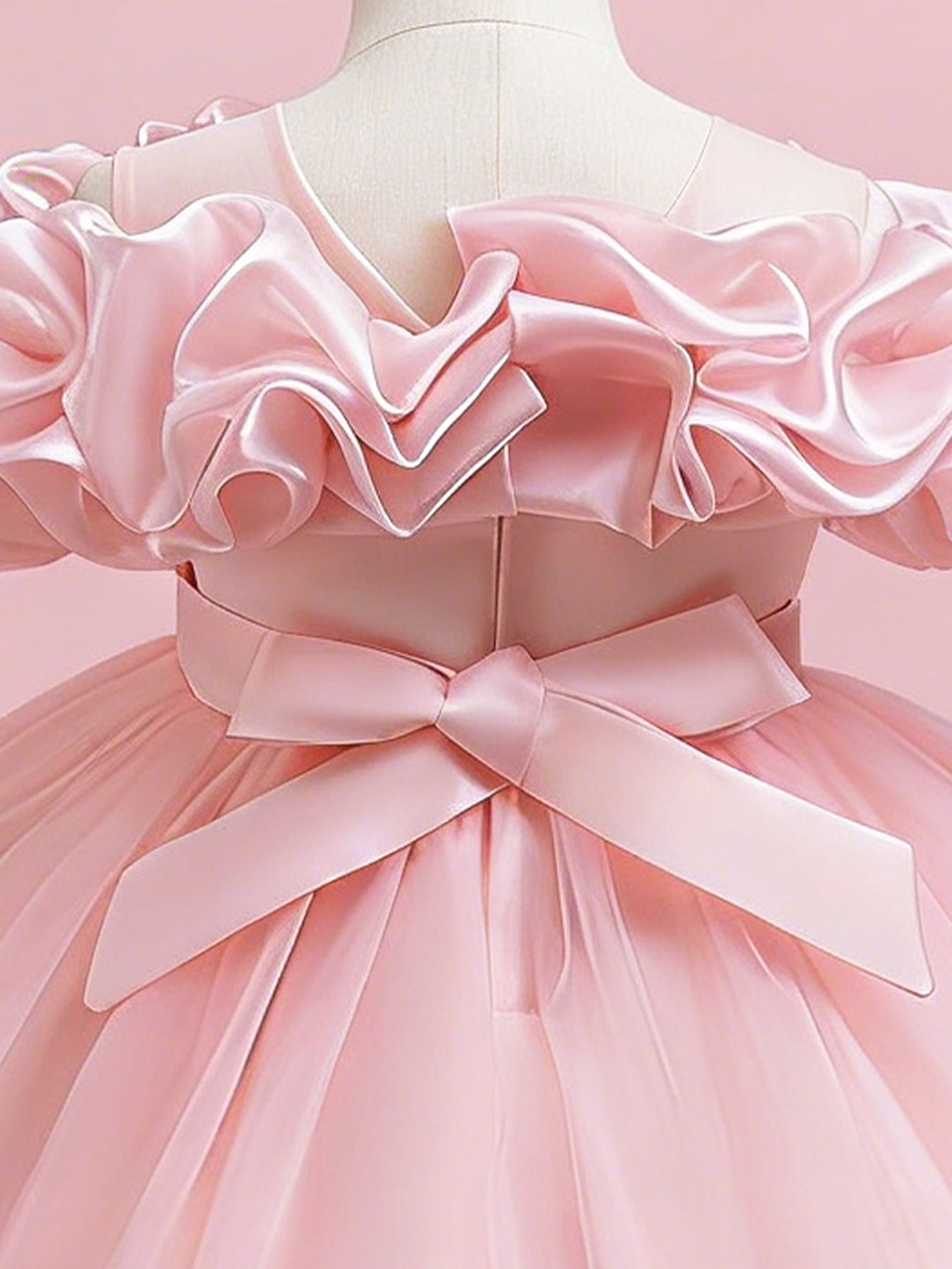 Blisseven blush pink girls party dress with layered tulle high low skirt detail