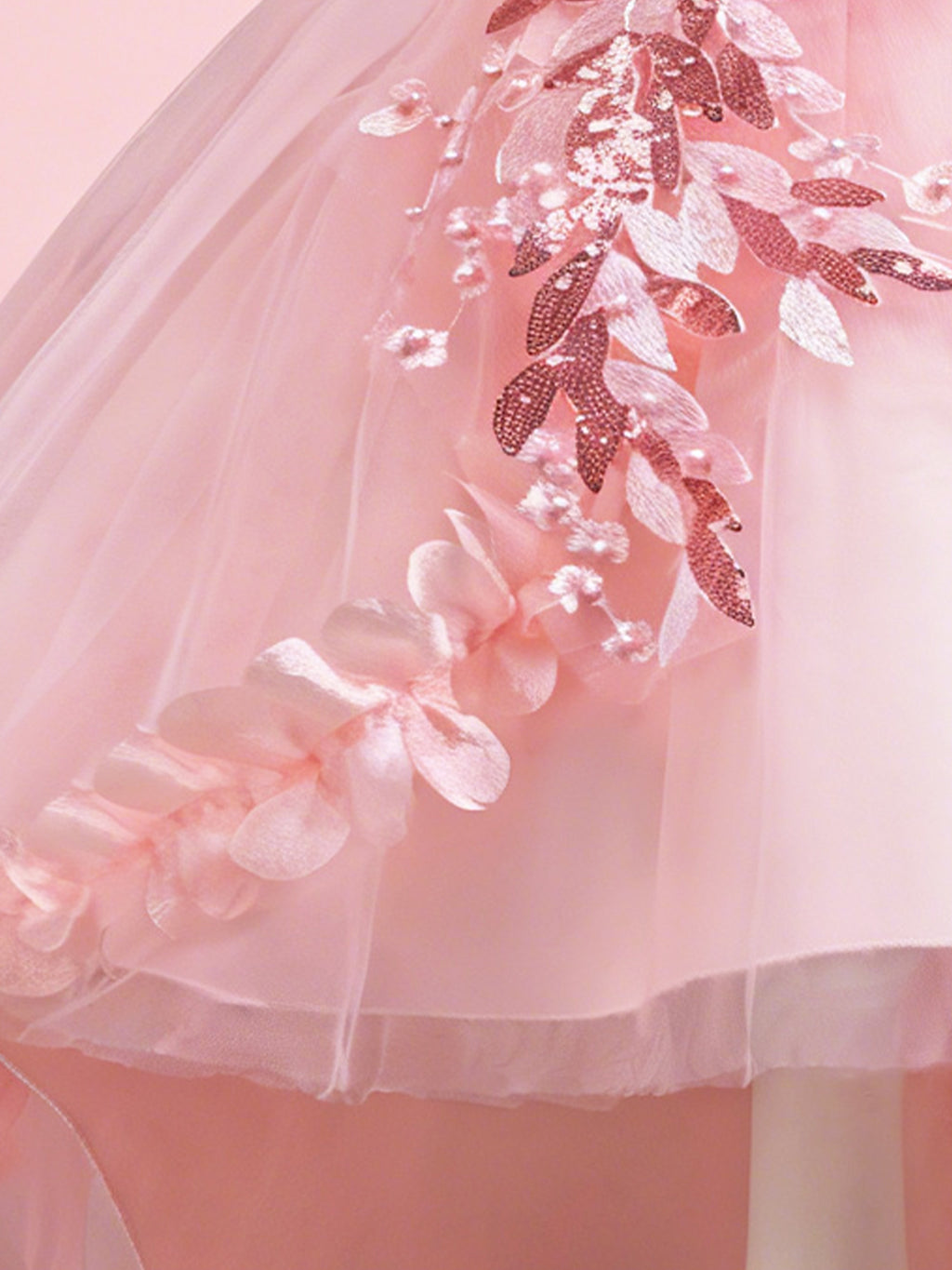 Blisseven blush pink girls princess dress with sparkling floral applique bodice detail