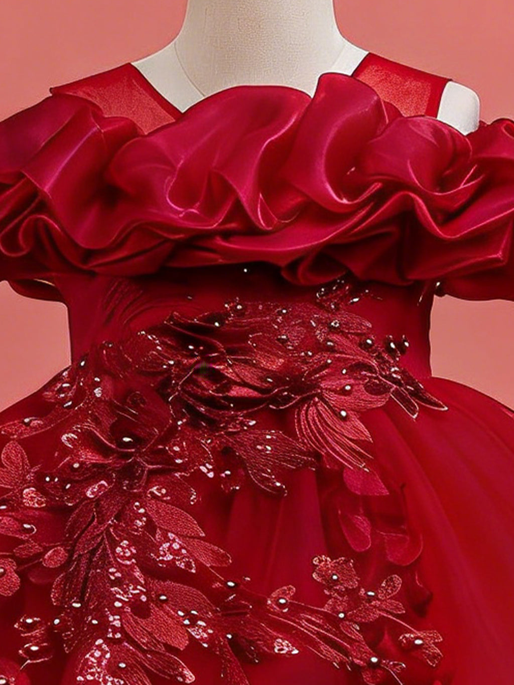 Blisseven burgundy princess dress close up with 3D floral ruffle neckline
