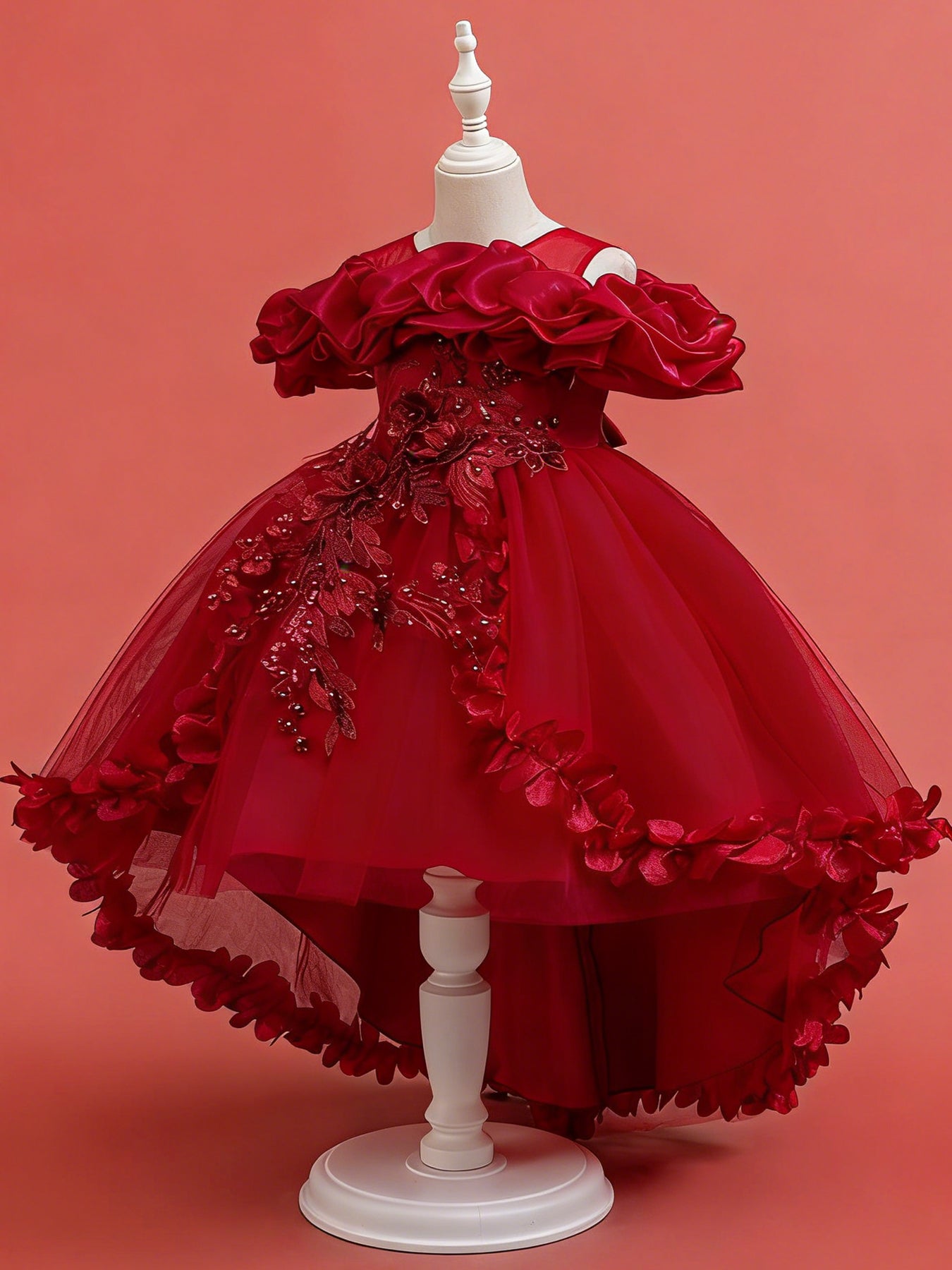 Blisseven burgundy flower girl tulle dress with high low skirt side view