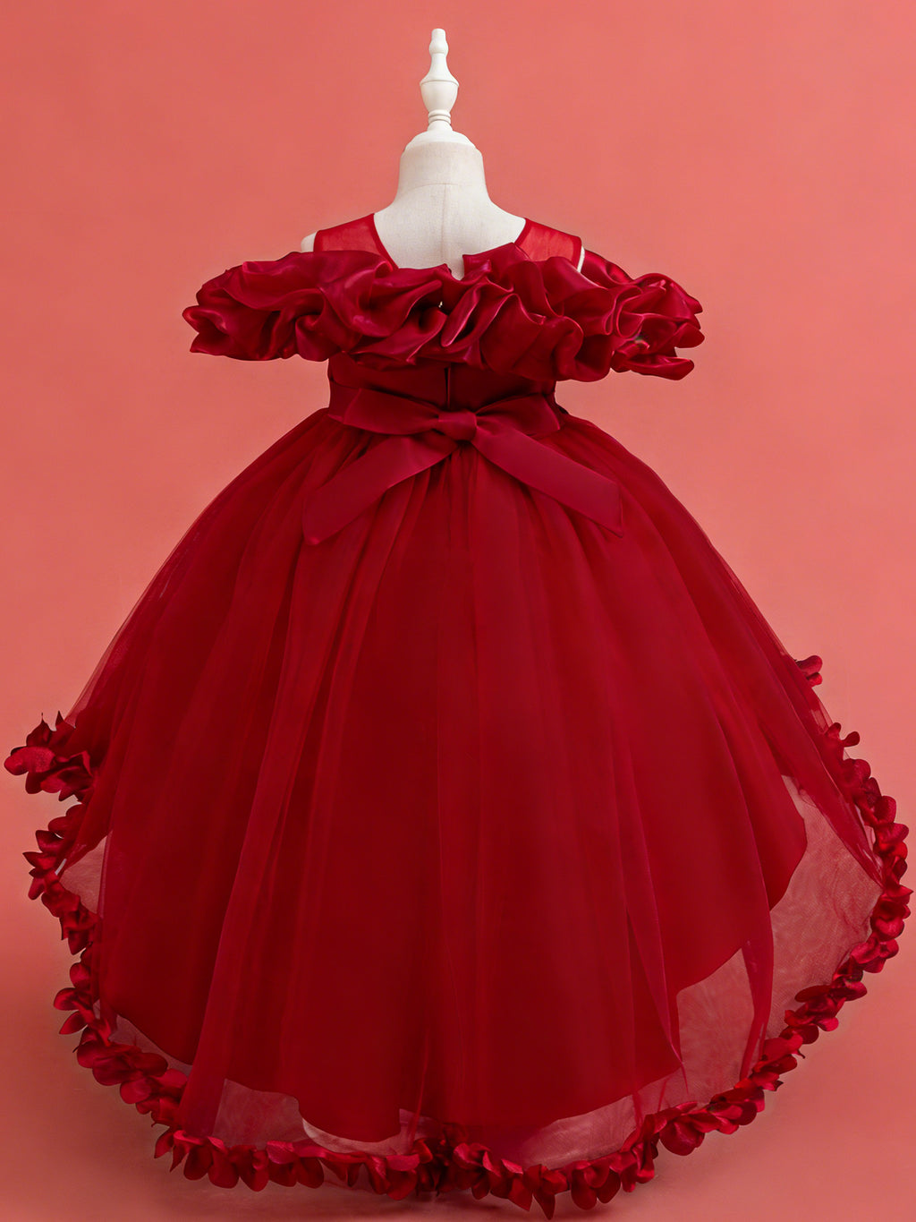 Blisseven burgundy girls high low princess dress back view with bow detail
