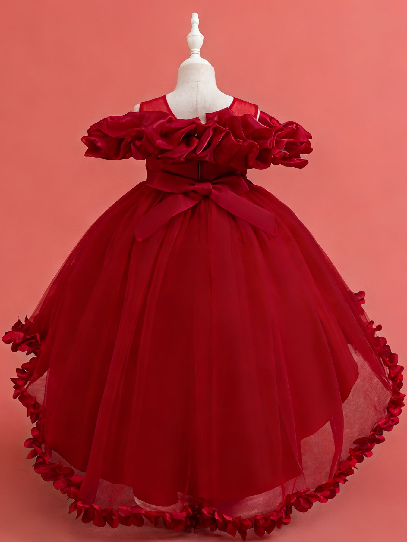 Blisseven burgundy girls high low princess dress back view with bow detail