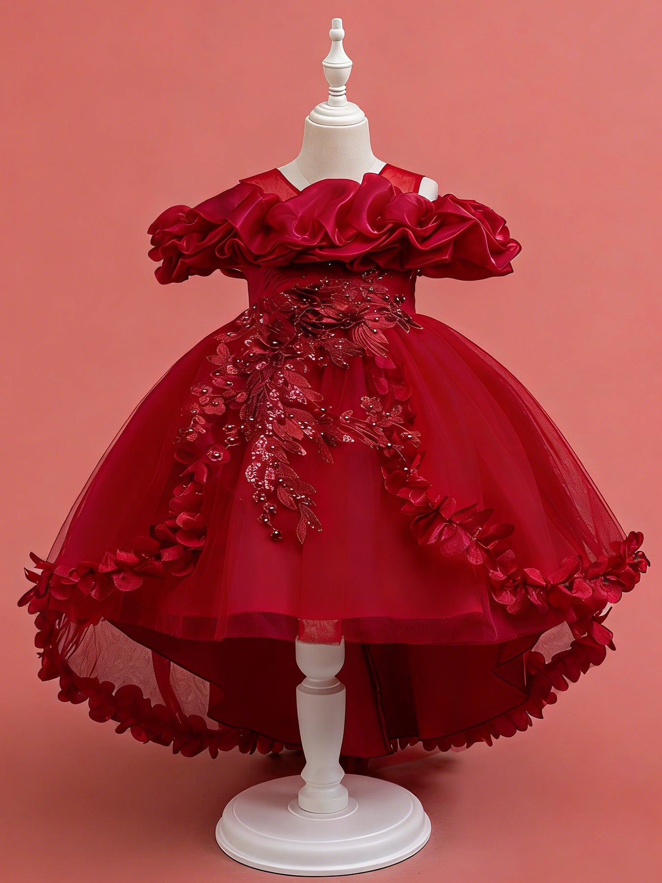 Blisseven burgundy girls high low 3D floral princess dress front view