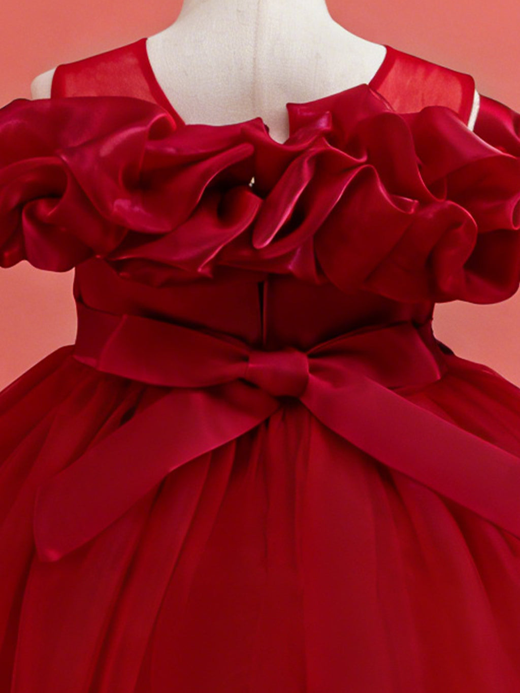Blisseven burgundy girls party dress with layered tulle high low skirt detail