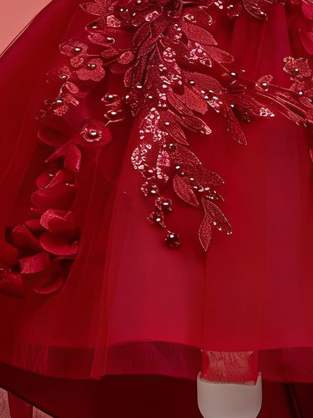 Blisseven burgundy girls princess dress with sparkling floral applique bodice detail