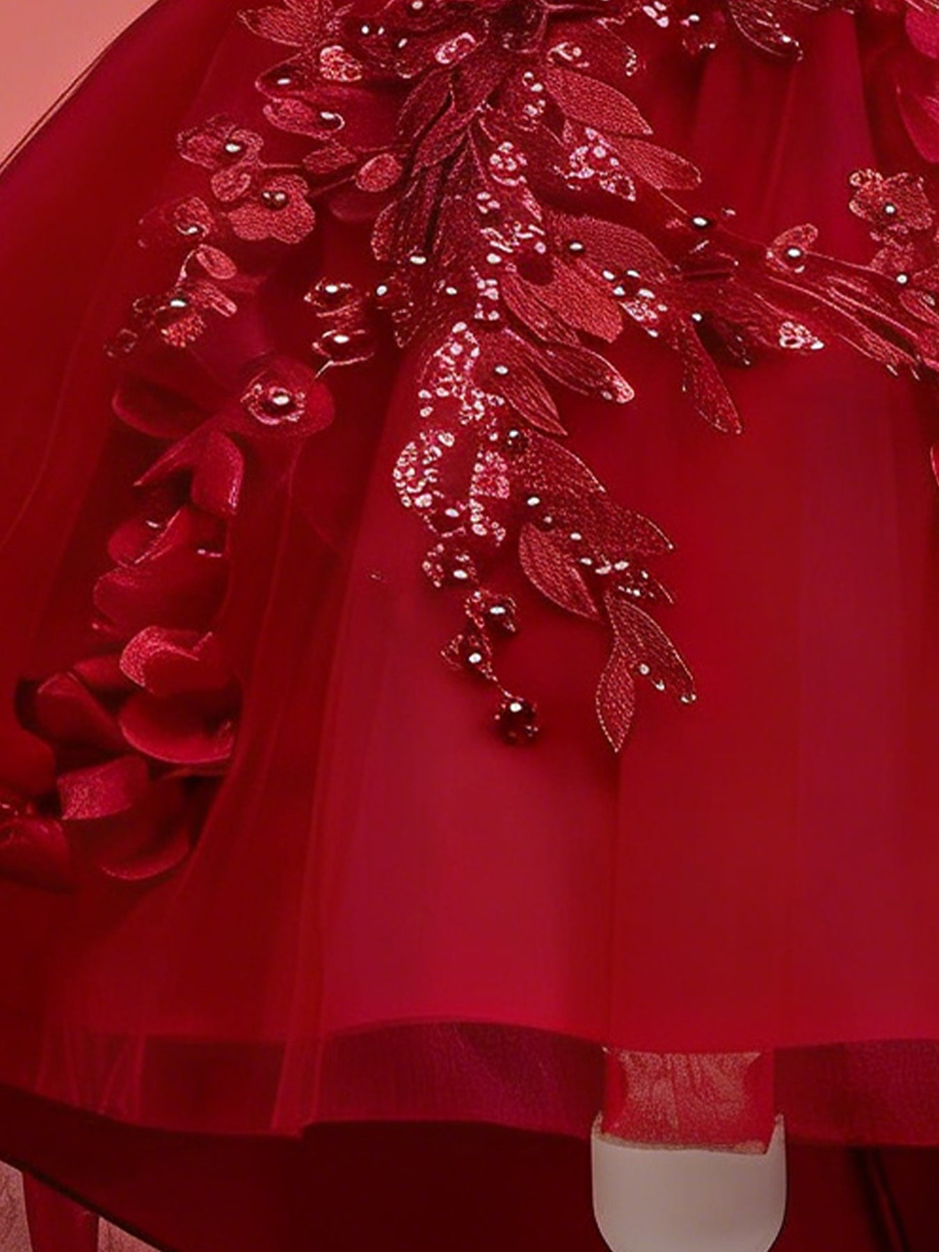 Blisseven burgundy girls princess dress with sparkling floral applique bodice detail