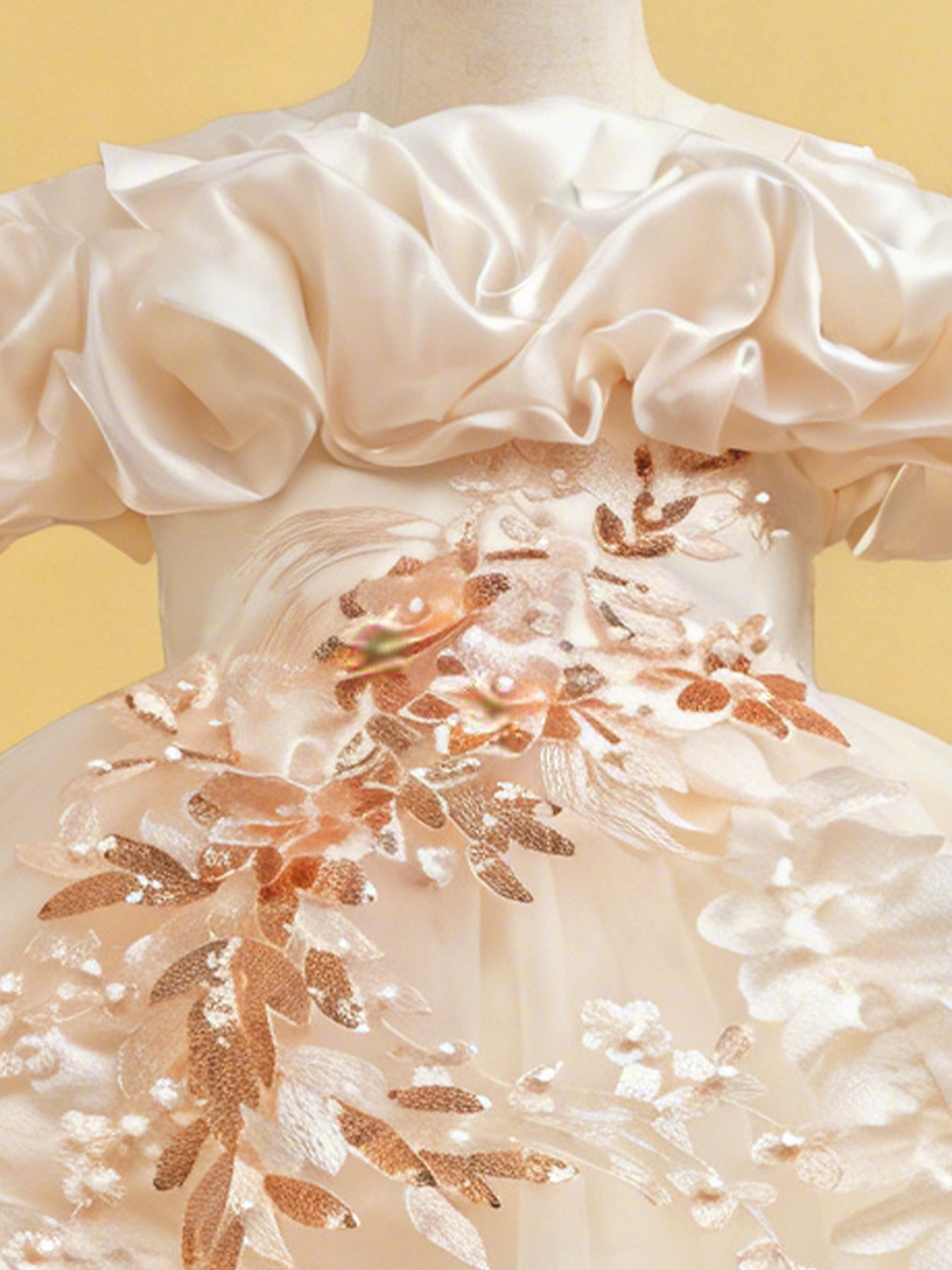 Blisseven champagne princess dress close up with 3D floral ruffle neckline