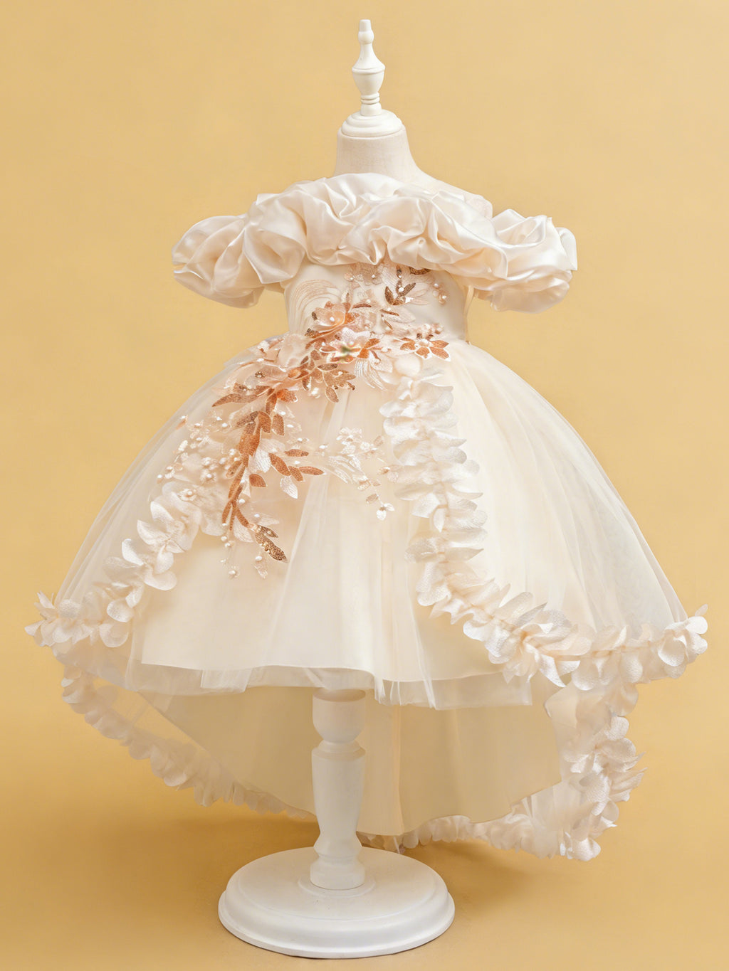 Blisseven champagne flower girl tulle dress with high low skirt side view