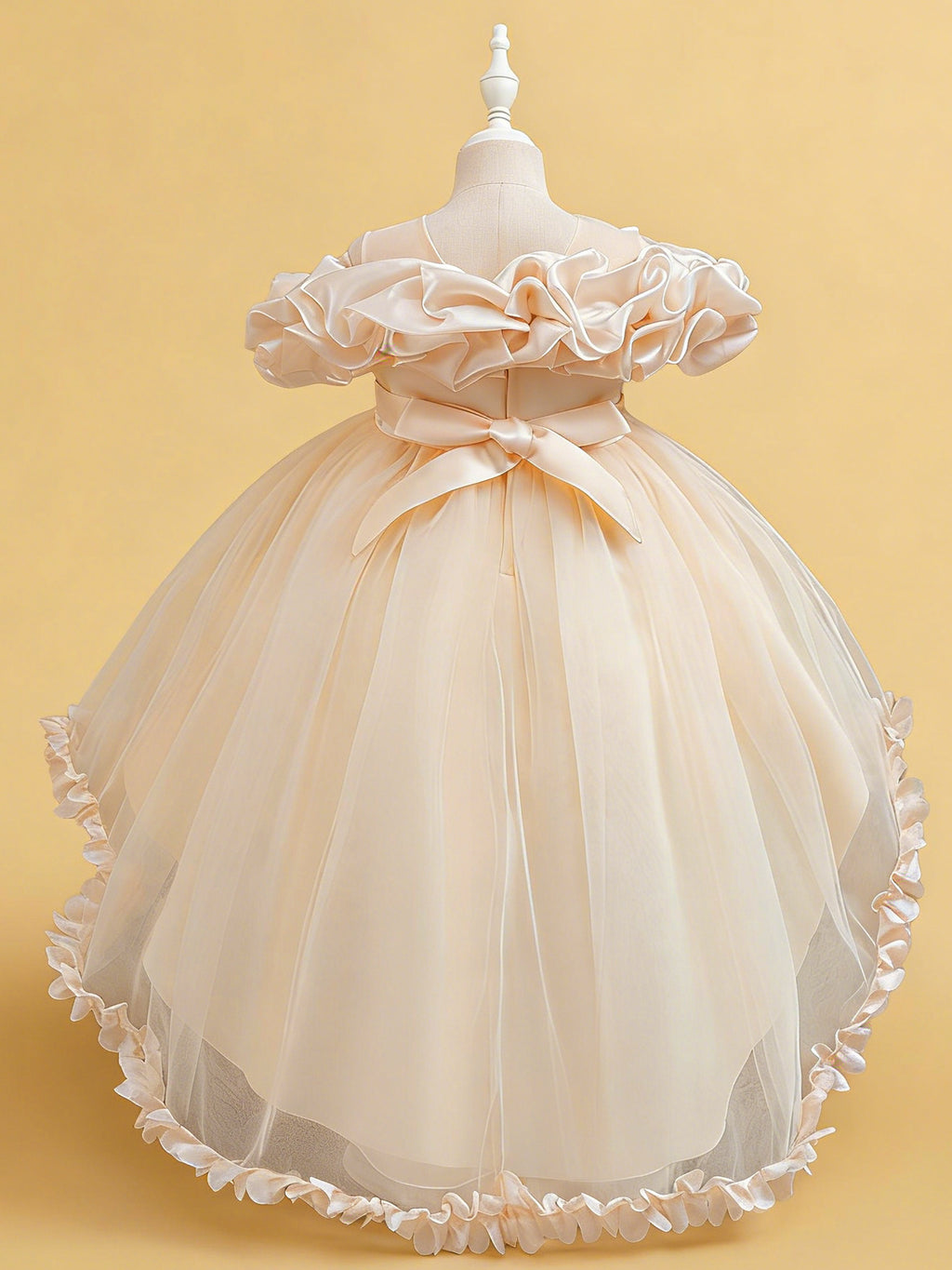 Blisseven champagne girls high low princess dress back view with bow detail