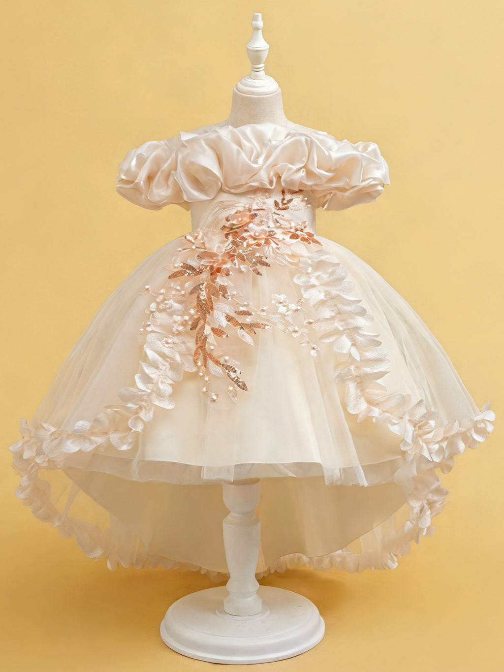 Blisseven champagne girls high low 3D floral princess dress front view