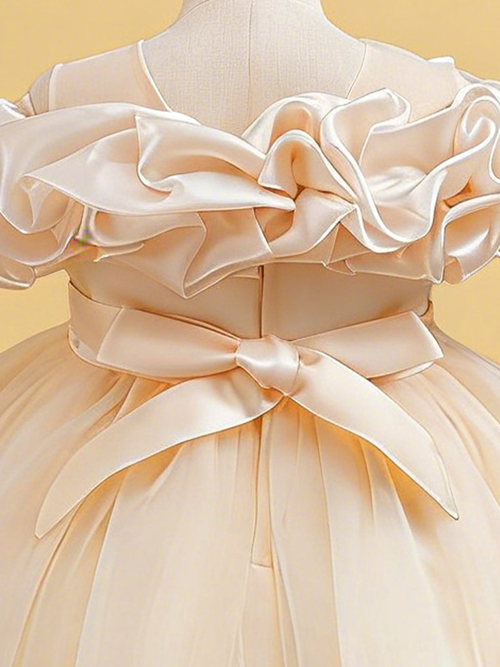 Blisseven champagne girls party dress with layered tulle high low skirt detail