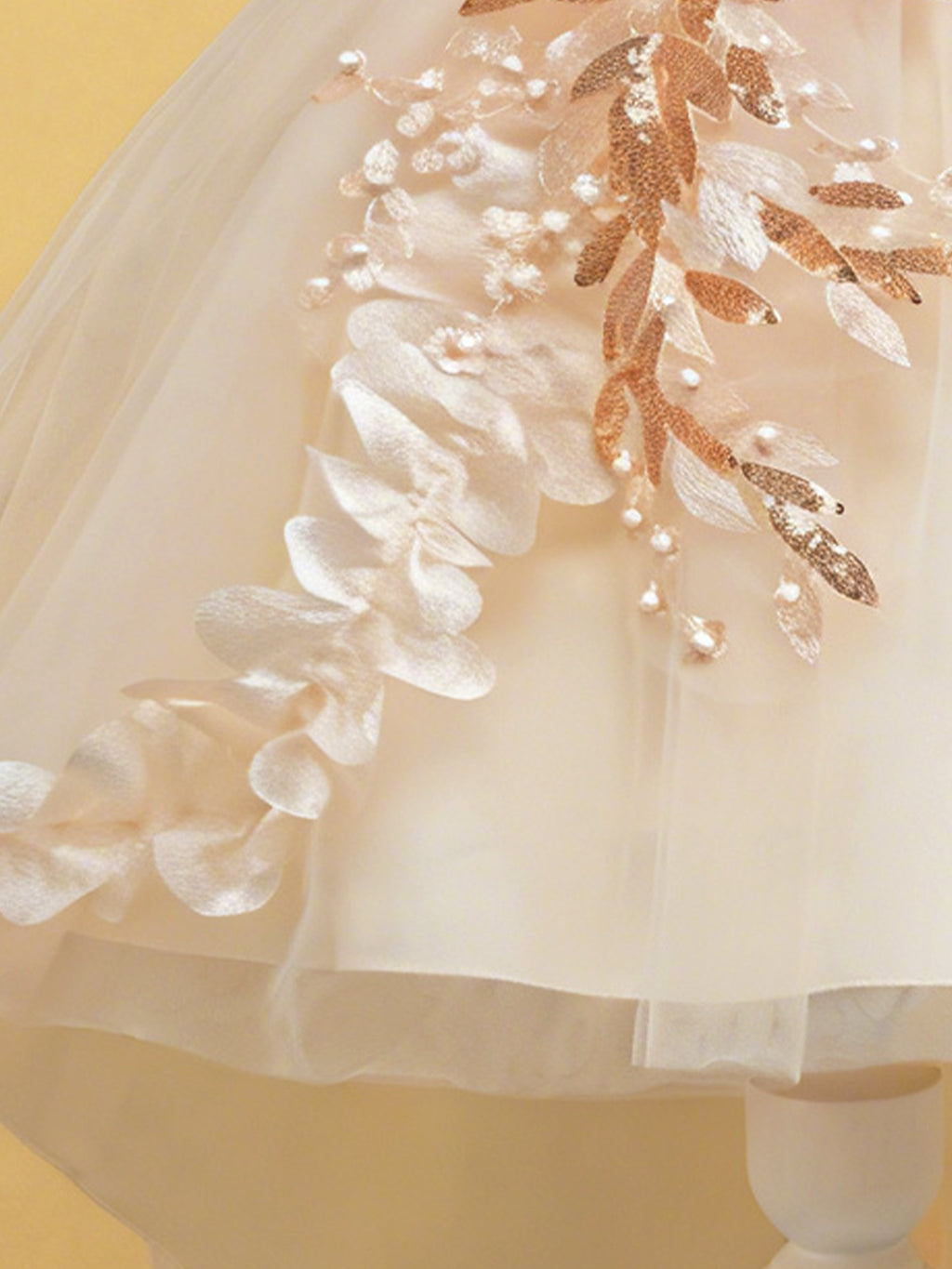 Blisseven champagne girls princess dress with sparkling floral applique bodice detail