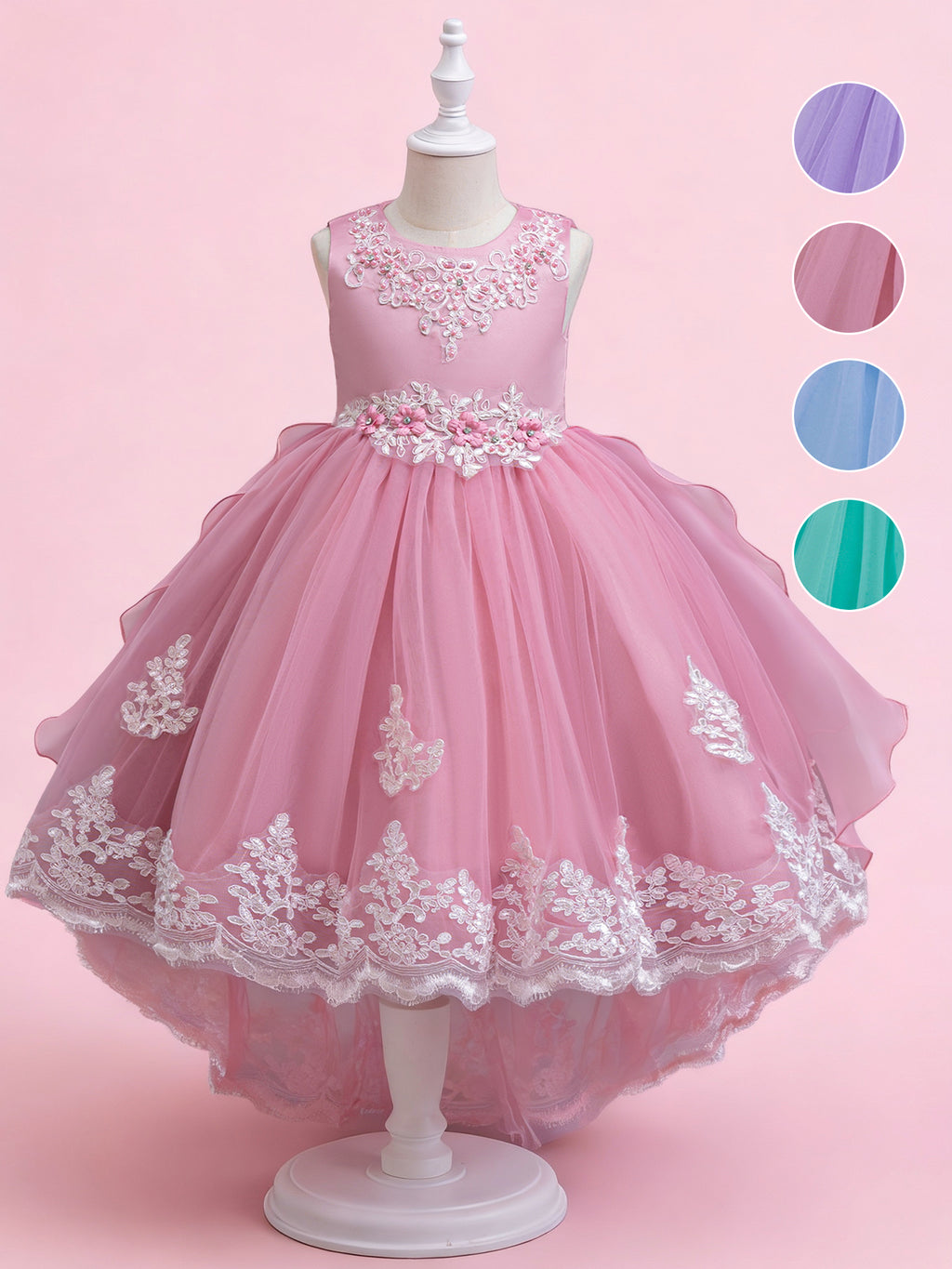 Blisseven flower girl tulle lace dress video with embroidered bodice, high low skirt, and lace hem details