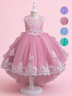 Blisseven flower girl tulle lace dress video with embroidered bodice, high low skirt, and lace hem details