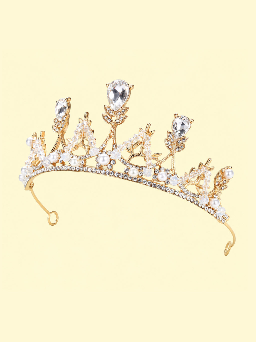 Blisseven girls gold princess crown tiara angled front view showing rhinestone setting, pearl details, and polished electroplated finish