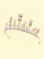 Blisseven girls gold princess crown tiara angled front view showing rhinestone setting, pearl details, and polished electroplated finish