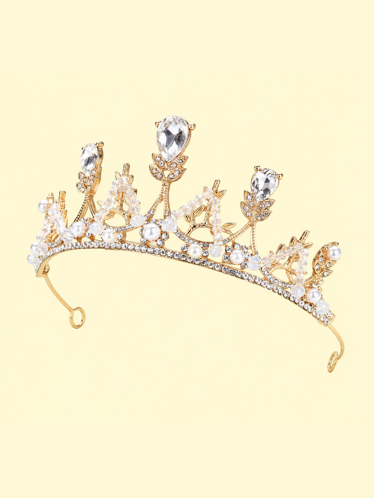 Blisseven girls gold princess crown tiara angled front view showing rhinestone setting, pearl details, and polished electroplated finish