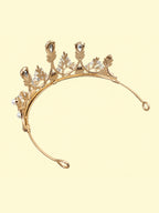 Blisseven girls gold rhinestone pearl princess crown tiara back structure view showing zinc alloy frame, electroplated finish, and secure hair accessory shape
