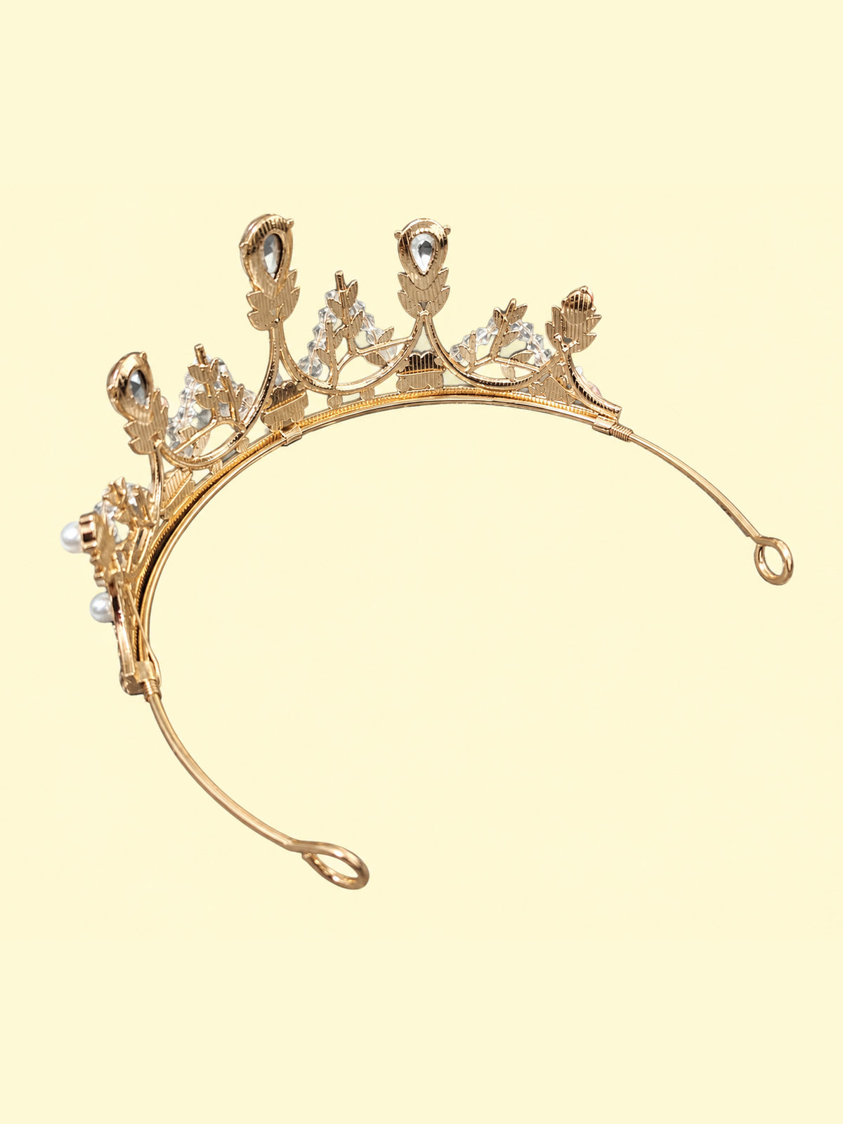 Blisseven girls gold rhinestone pearl princess crown tiara back structure view showing zinc alloy frame, electroplated finish, and secure hair accessory shape