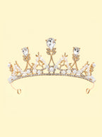 Blisseven girls gold rhinestone pearl princess crown tiara front view with crystal accents, faux pearls, and elegant crown design
