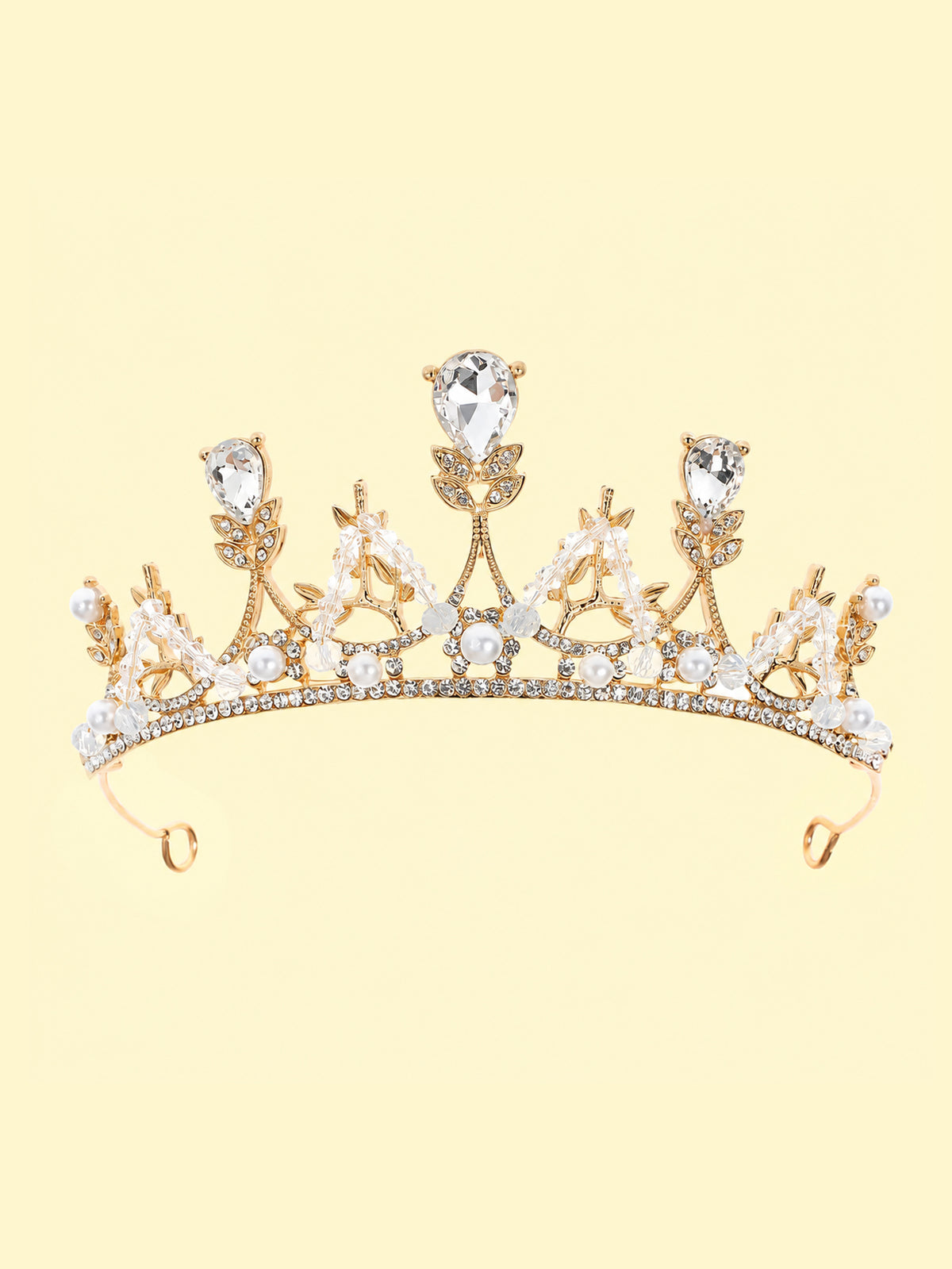 Blisseven girls gold rhinestone pearl princess crown tiara front view with crystal accents, faux pearls, and elegant crown design