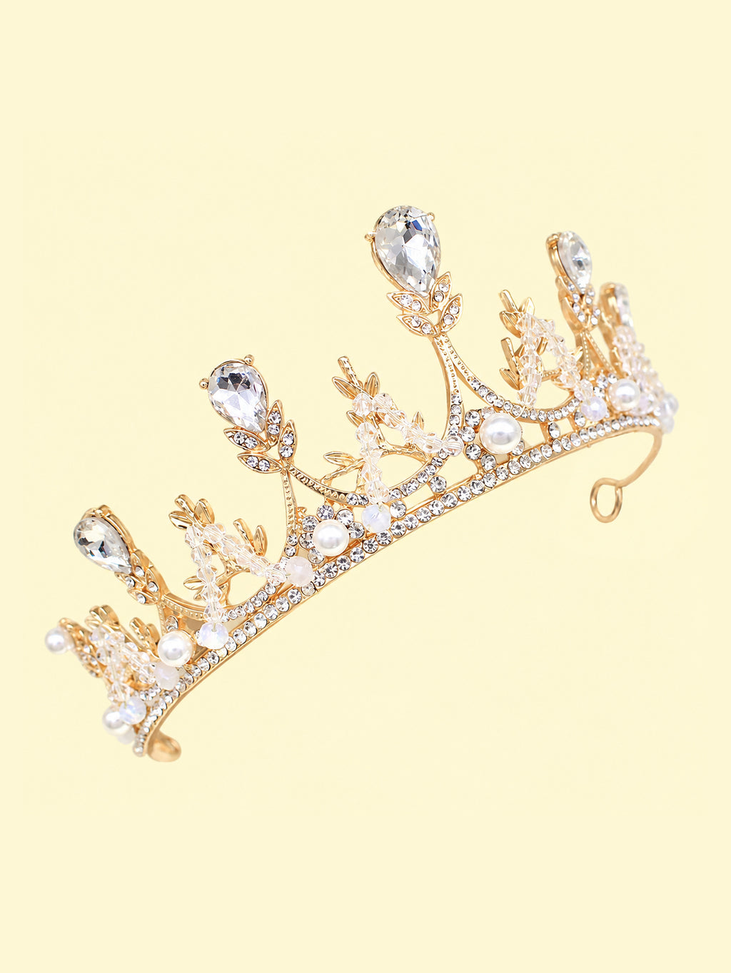 Blisseven girls gold rhinestone pearl tiara side detail view with crystal crown structure and lightweight hair accessory design