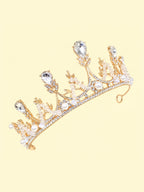 Blisseven girls gold rhinestone pearl tiara side detail view with crystal crown structure and lightweight hair accessory design