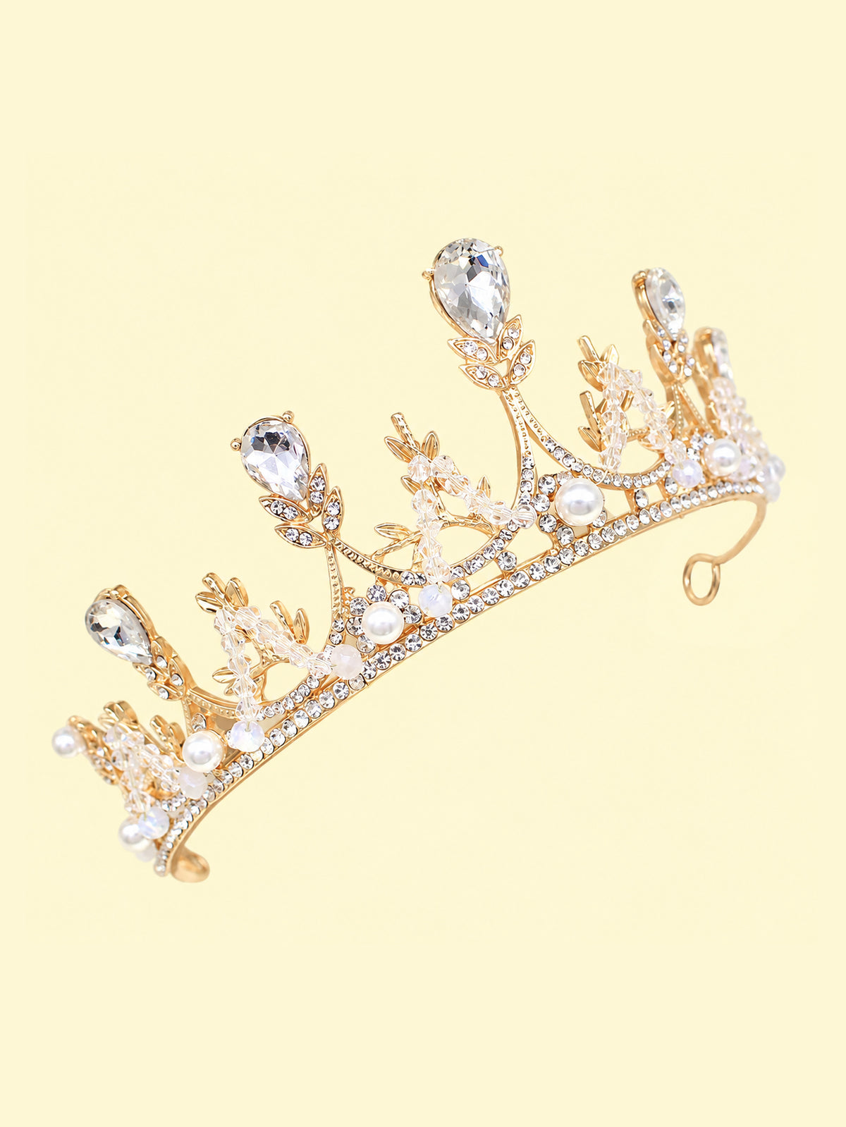 Blisseven girls gold rhinestone pearl tiara side detail view with crystal crown structure and lightweight hair accessory design