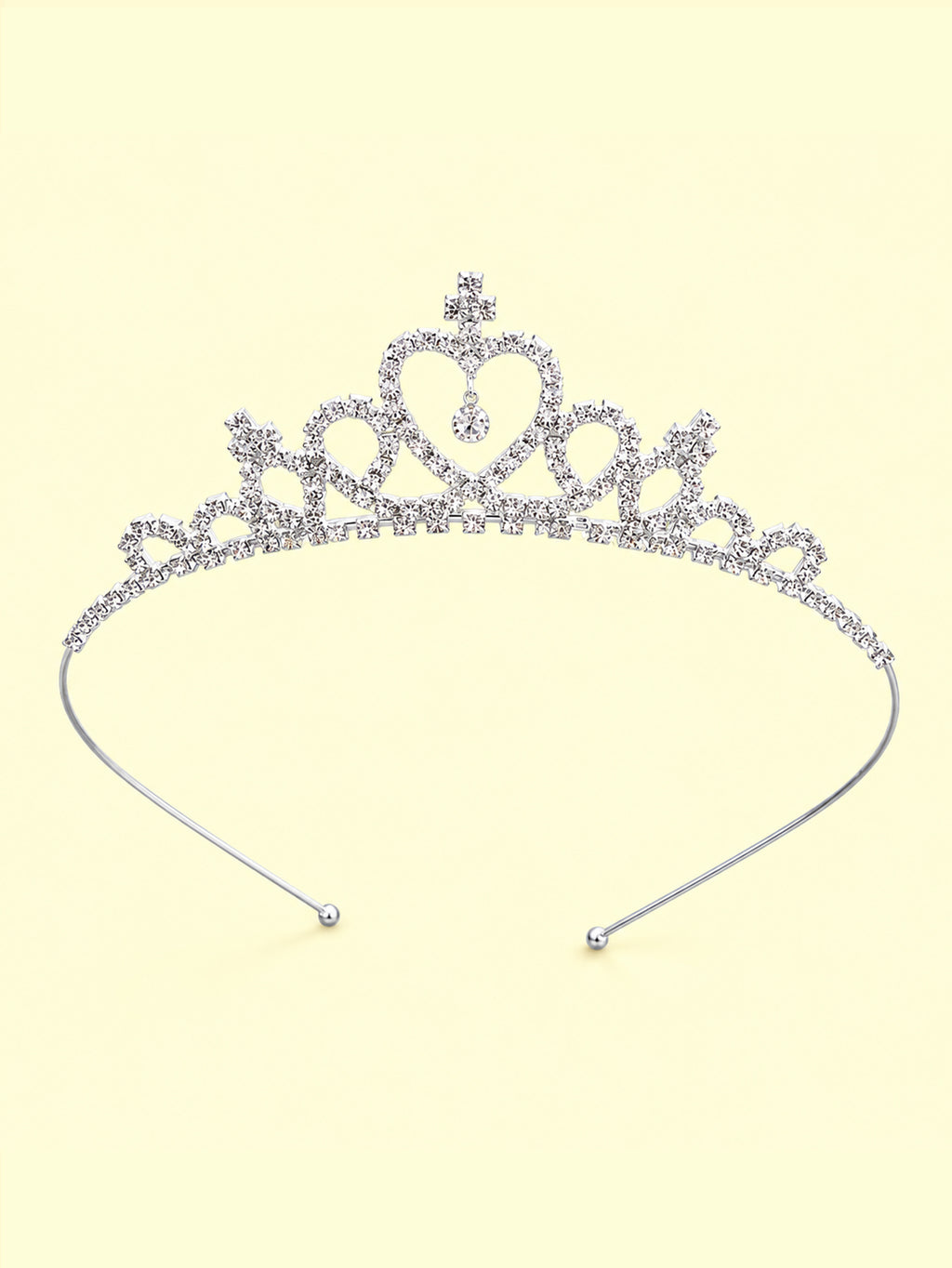 Blisseven girls rhinestone princess crown tiara front view with silver plated design, heart details, and sparkling crystals