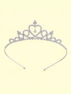 Blisseven girls rhinestone princess crown tiara front view with silver plated design, heart details, and sparkling crystals