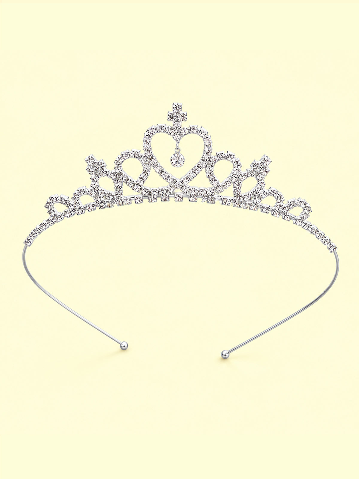 Blisseven girls rhinestone princess crown tiara front view with silver plated design, heart details, and sparkling crystals
