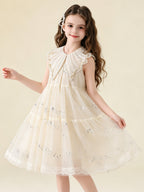 Blisseven ivory flower girl dress side view with pearl collar