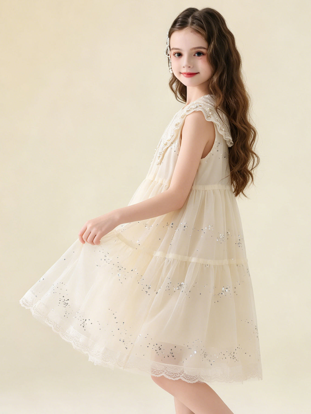 Blisseven ivory girls pearl collar dress back view