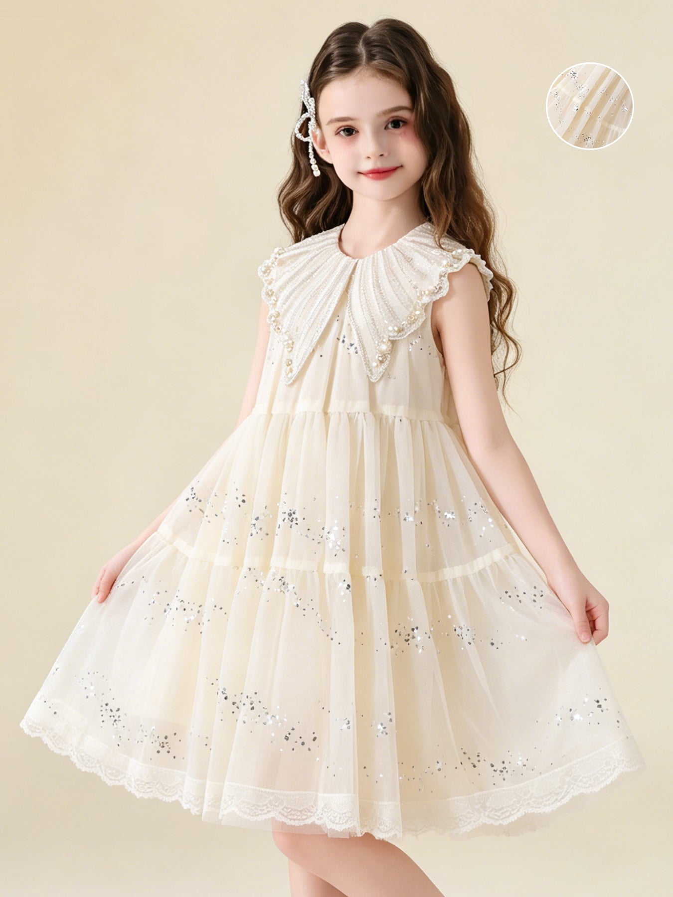 Blisseven ivory girls pearl collar tulle dress front view