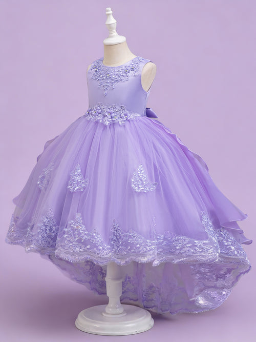 Blisseven lavender flower girl tulle dress side view with high low skirt