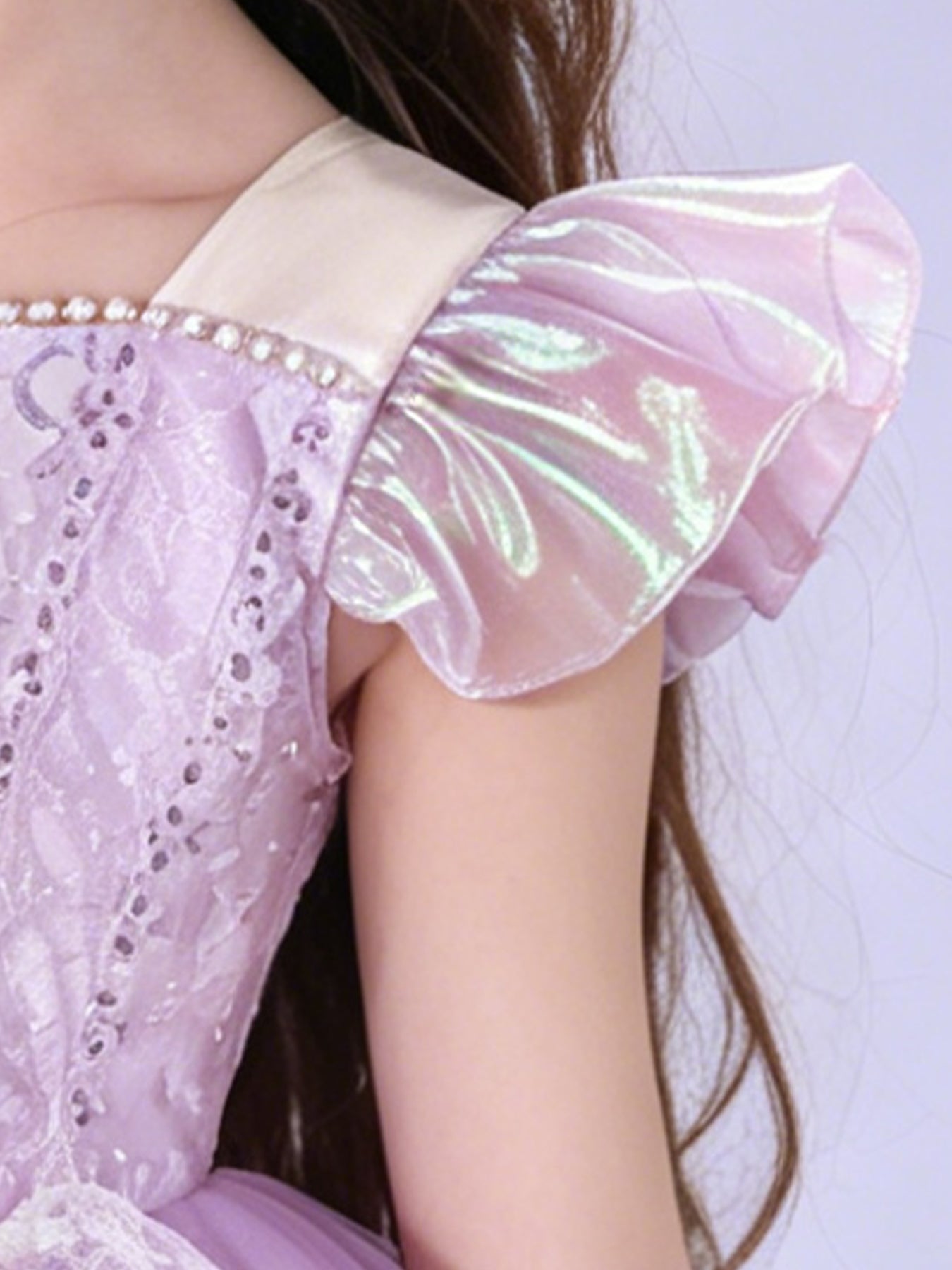 Blisseven lavender girls dress close up with ruffle flutter sleeve details