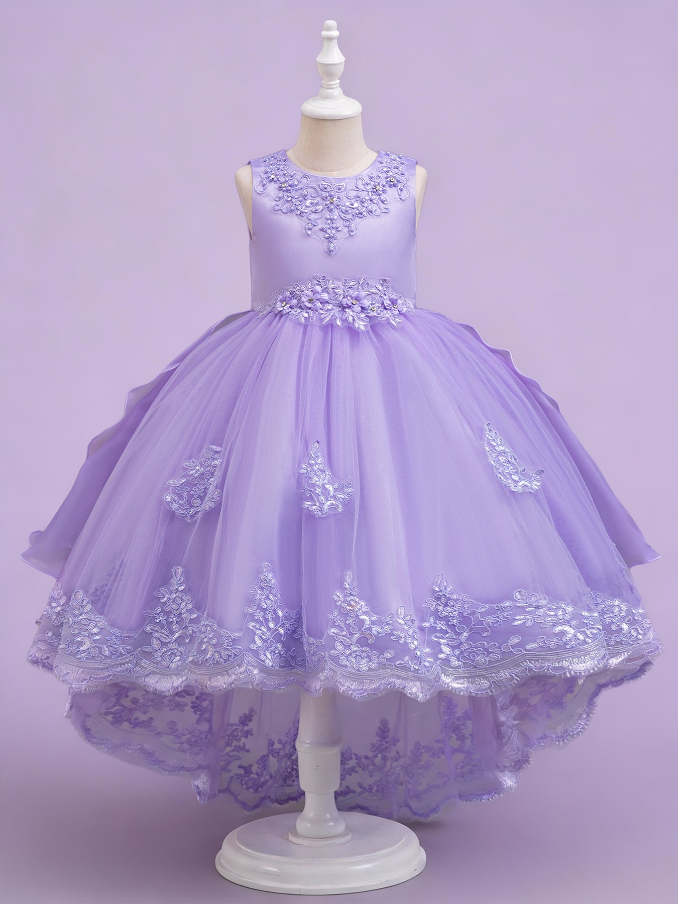 Blisseven lavender girls high low lace princess dress front view