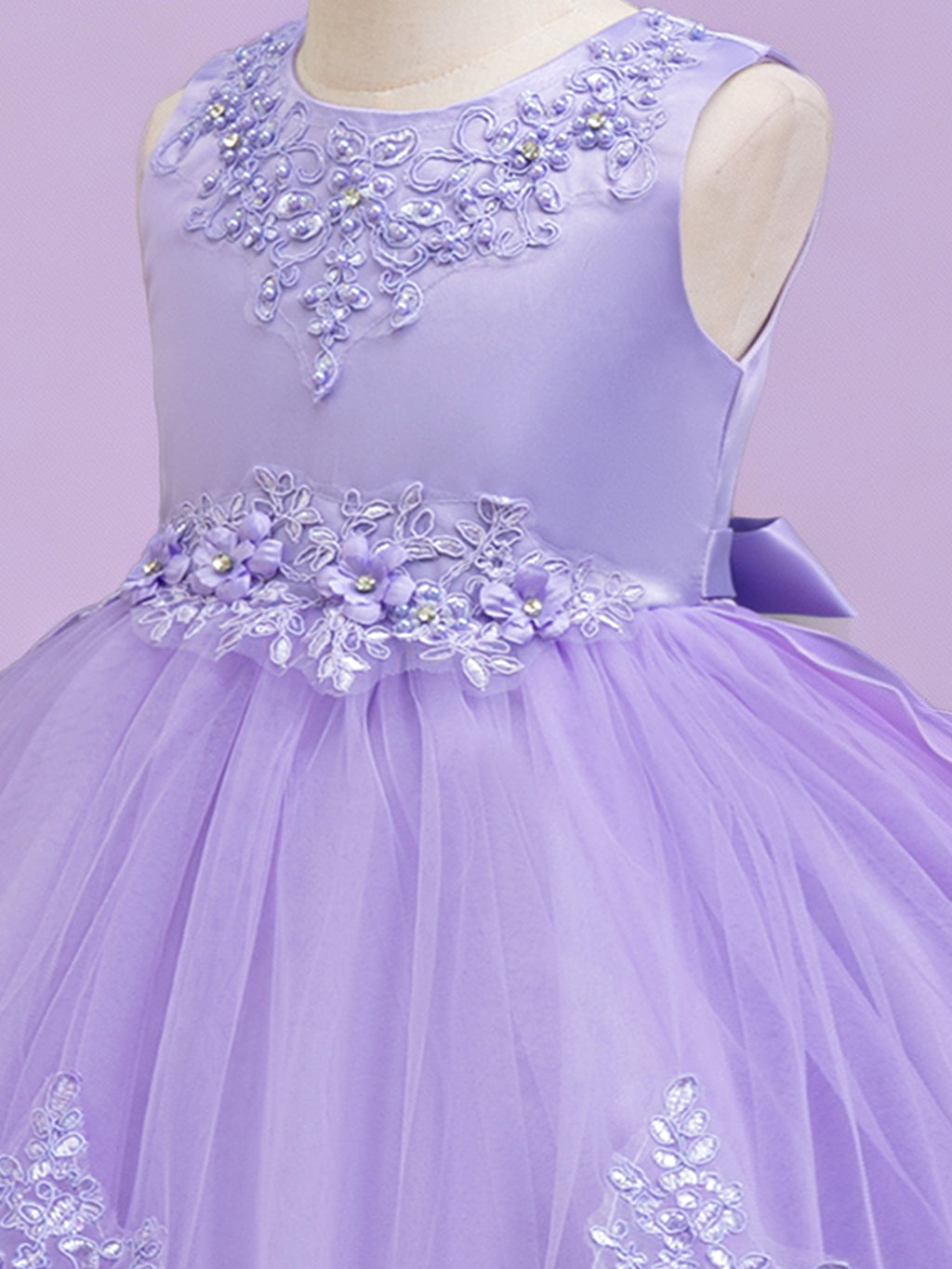 Blisseven lavender girls dress close up with floral lace bodice details