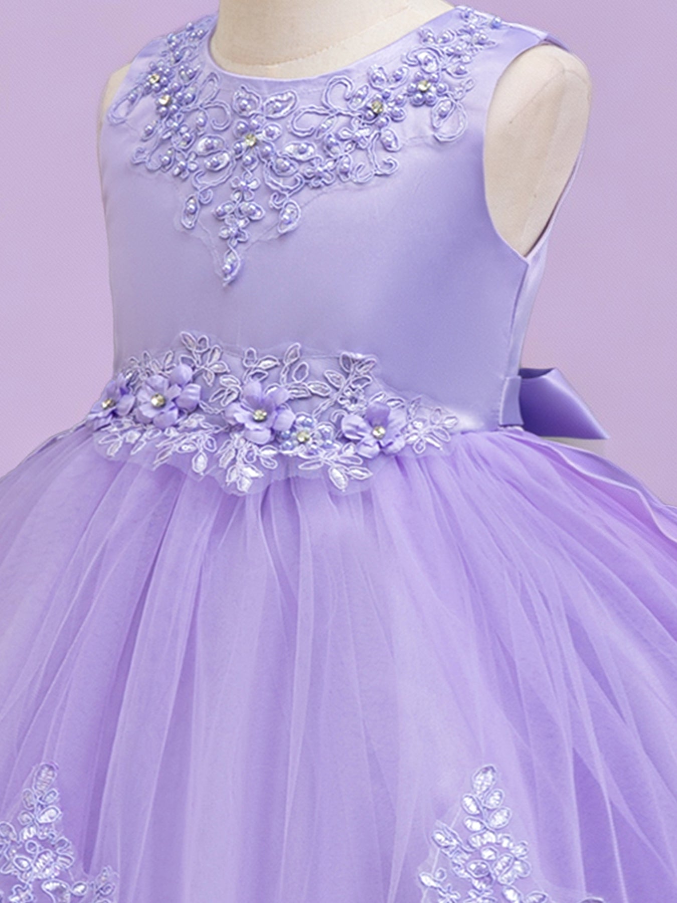 Blisseven lavender girls dress close up with floral lace bodice details